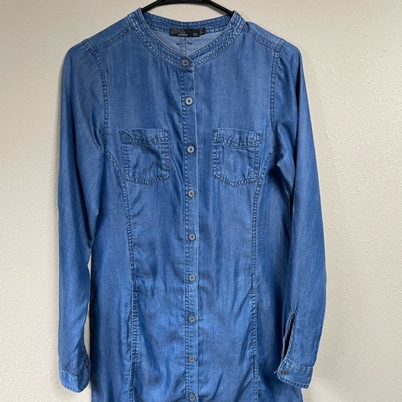 PrAna Tencel Button Down Shirt Dress long sleeves with tabs chambray, sz XS - Picture 1 of 9